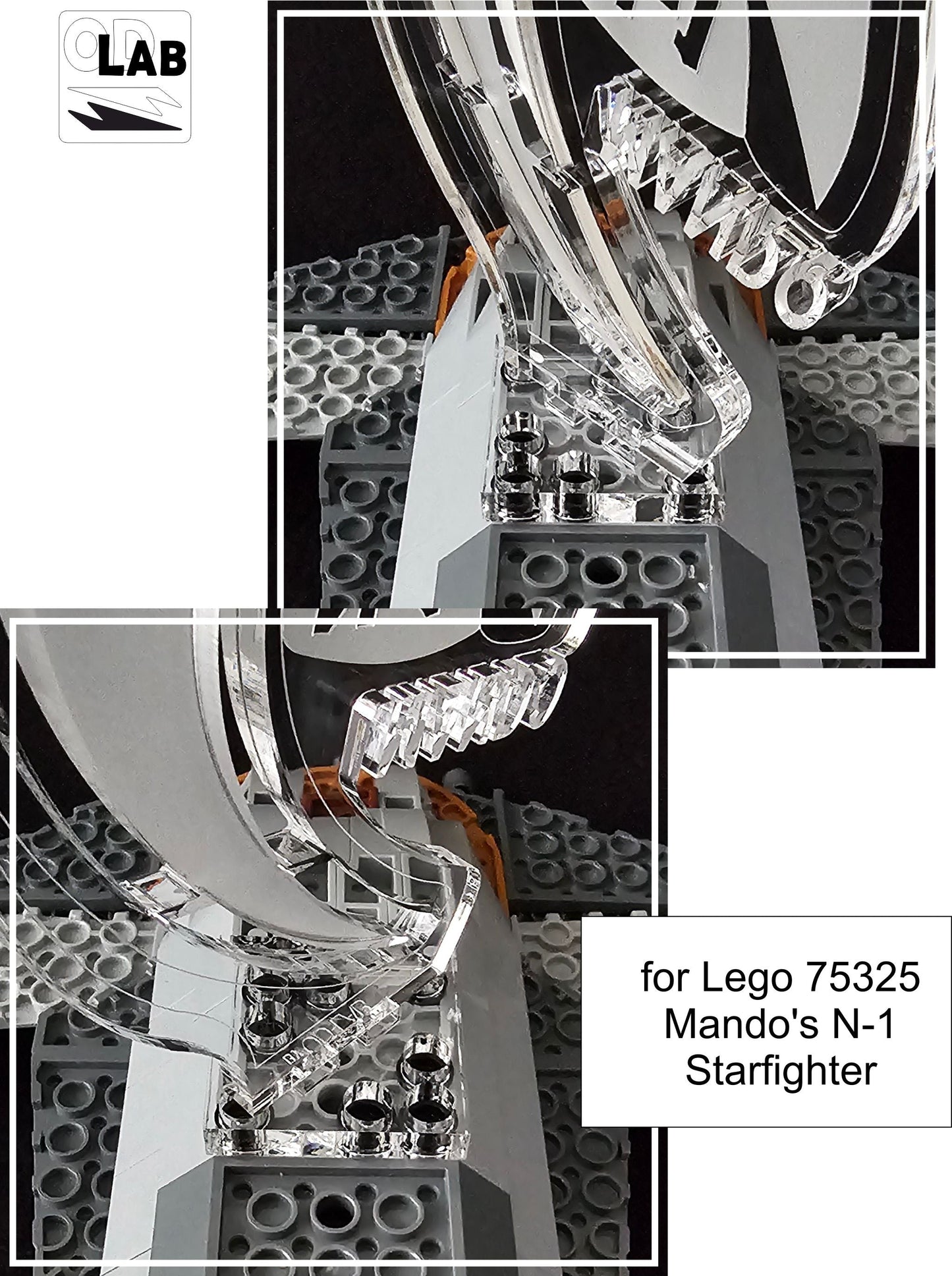 Display stand 3D-ENGV angled for Lego 75325 Mando's N-1 Starfighter +minifigures slots (A1068) - fitting instructions