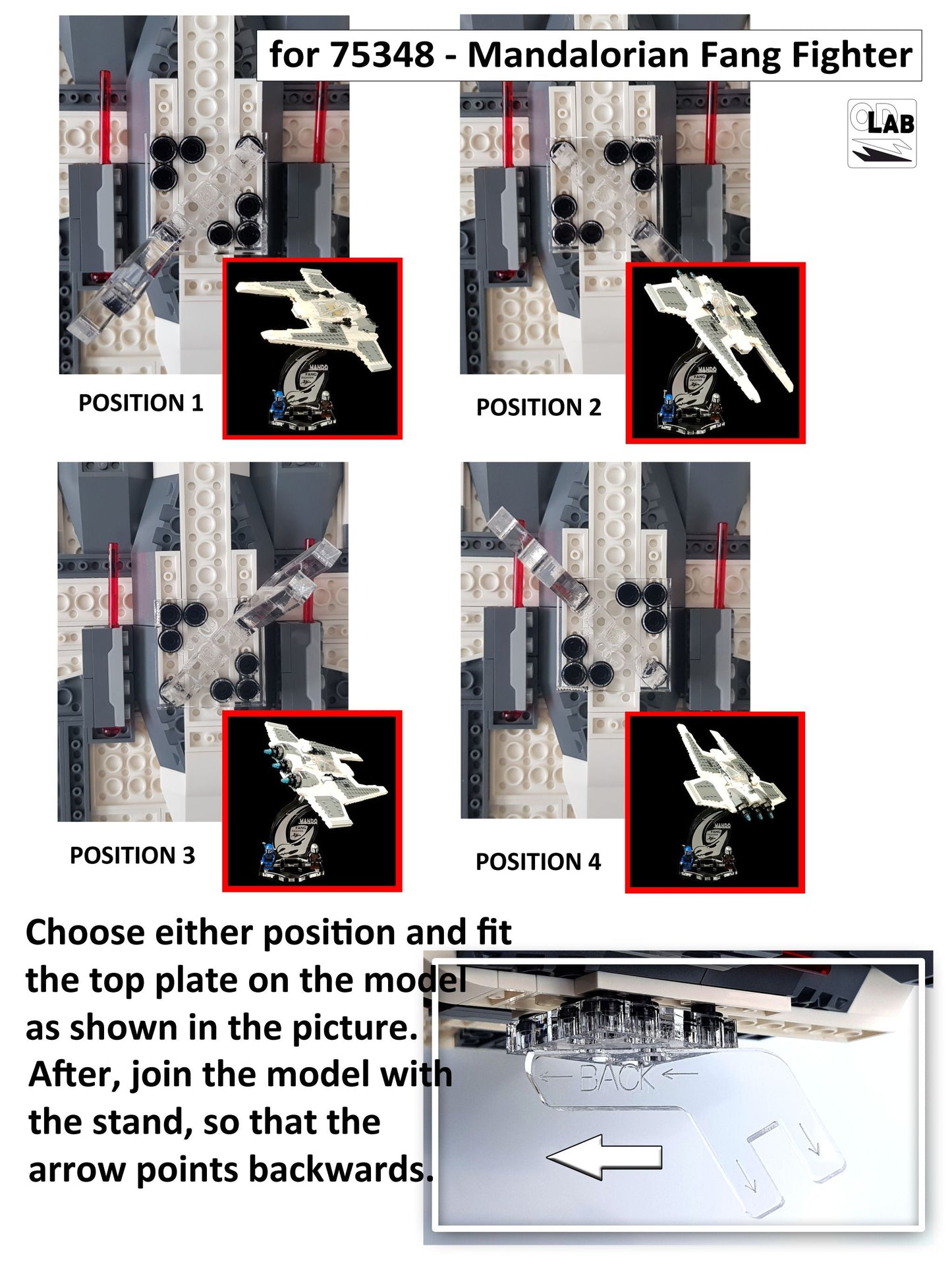 Display stand 3D-ENGV angled for Lego 75348 Mandalorian Fang Fighter + minifigures slots (A1098)-f