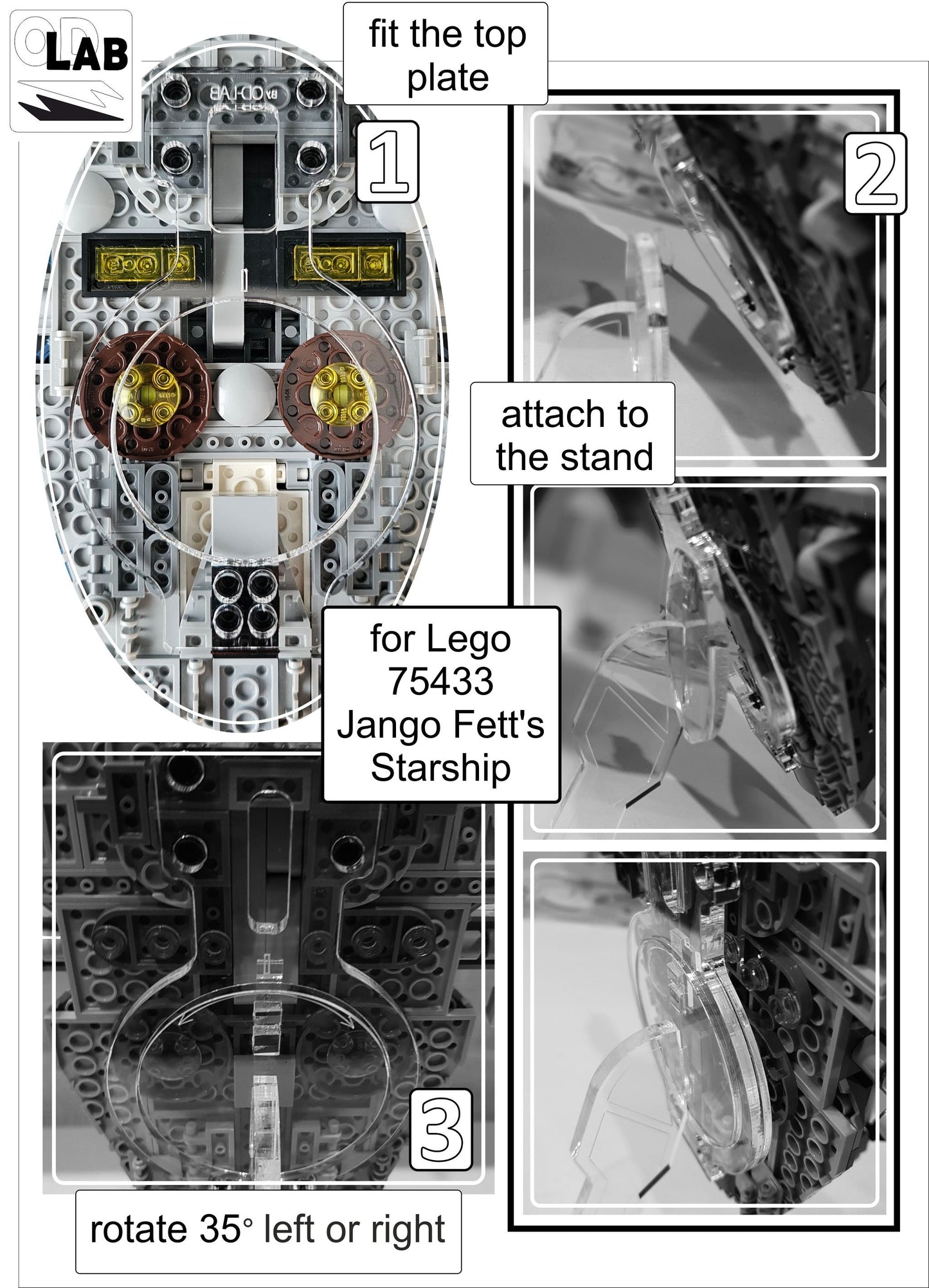 Display stand angled for Lego 75433 Jango Fett's Starship + Minifigures plate (A1121)-f