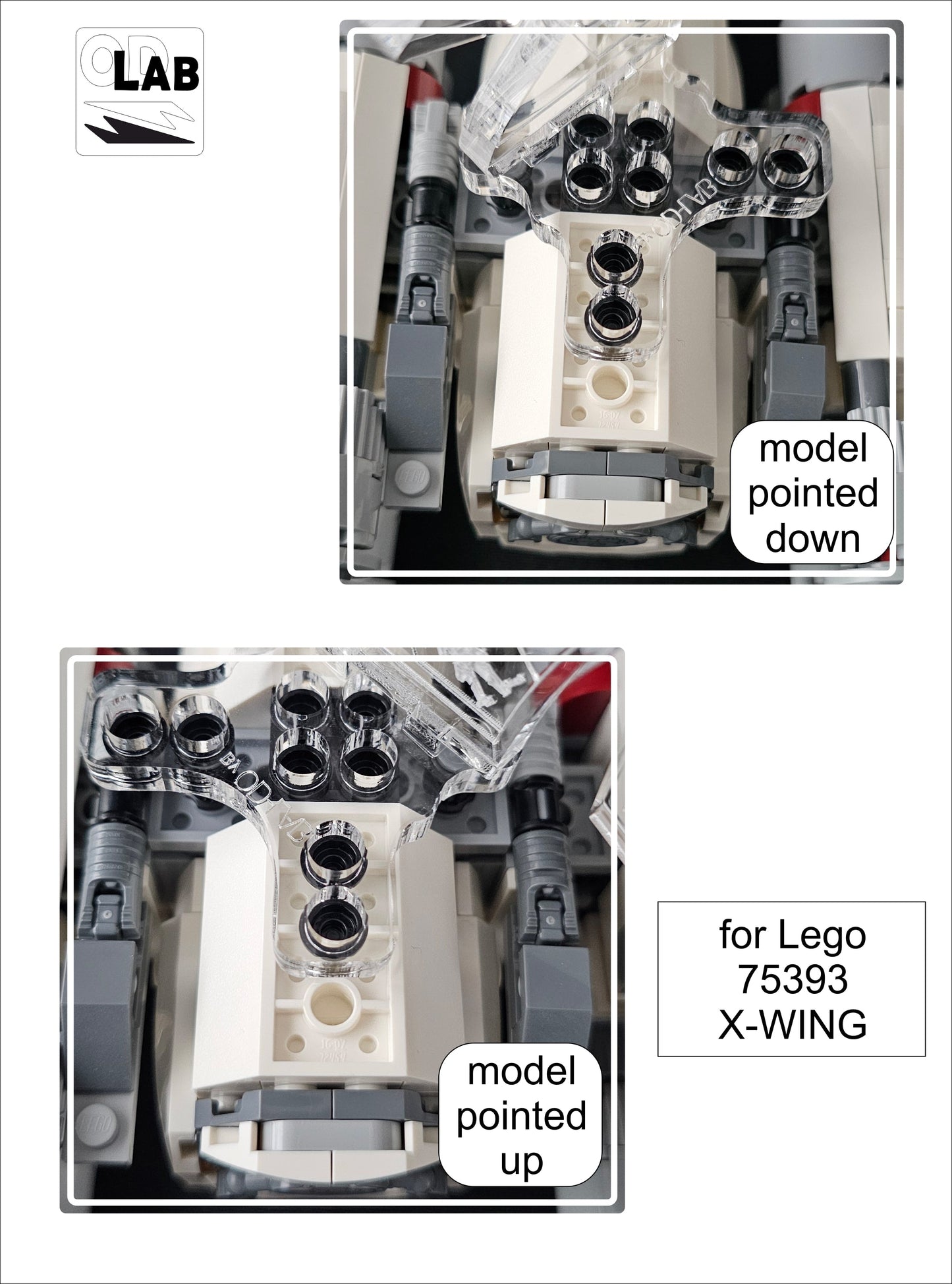 Display stand angled for Lego 75393 X-WING Fighter + minifigures slots (A1130) - fitting instructions