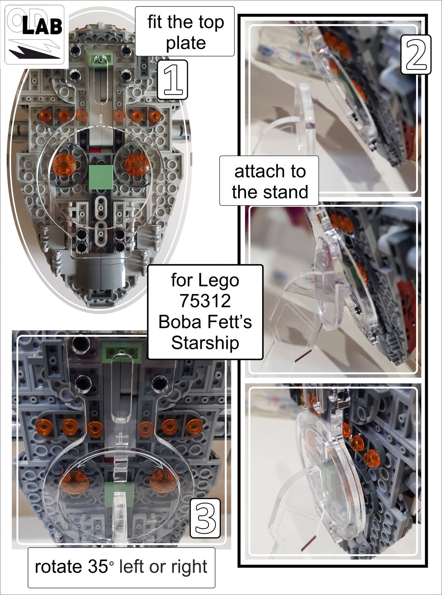 Display stand angled for Lego 75312 Boba Fett's Starship + Minifigures plate (A1066)-f