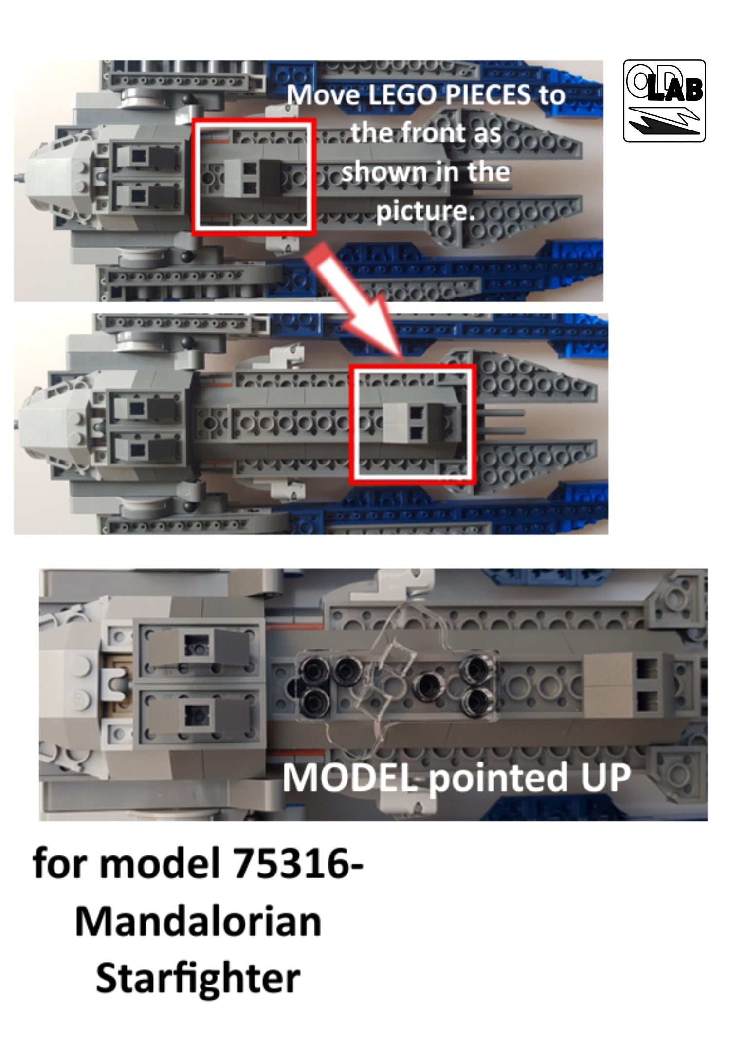 Display stand 3D-ENGV angled for Lego 75316 Mandalorian Starfighter + minifigures slots (A1073)-f