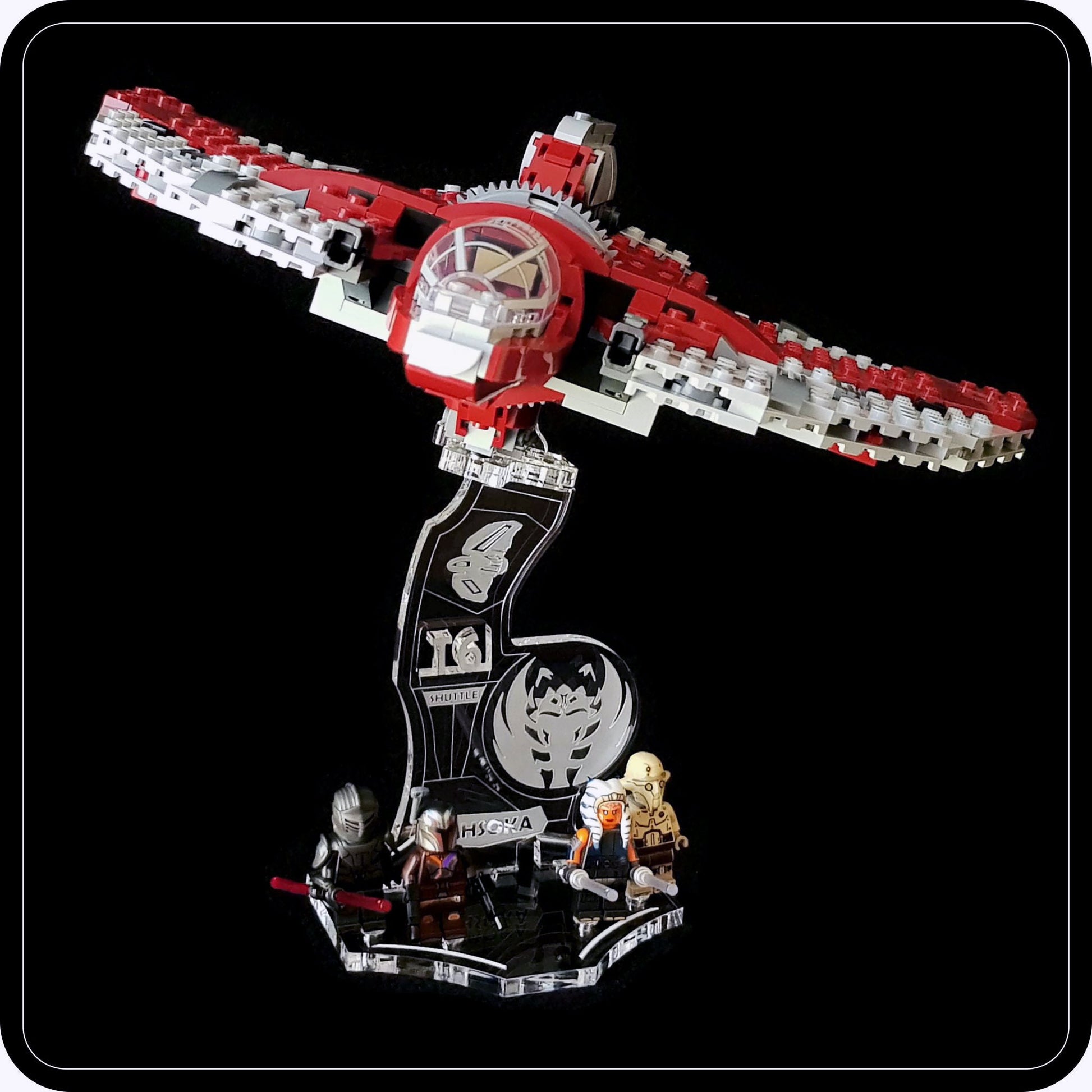 Display stand 3D-ENGV angled for Lego 75362 Ahsoka Tano's T-6 Jedi Shuttle + minifigures slots (A1102)-2