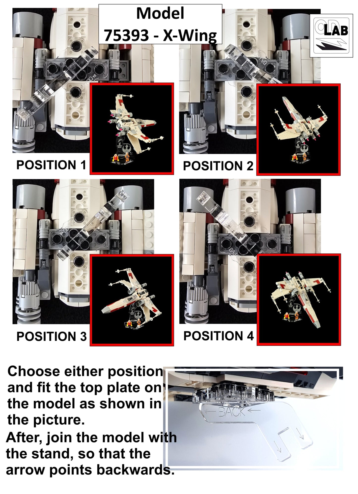 Display stand angled for Lego 75393 X-WING Fighter + minifigures slots (A1105)-f