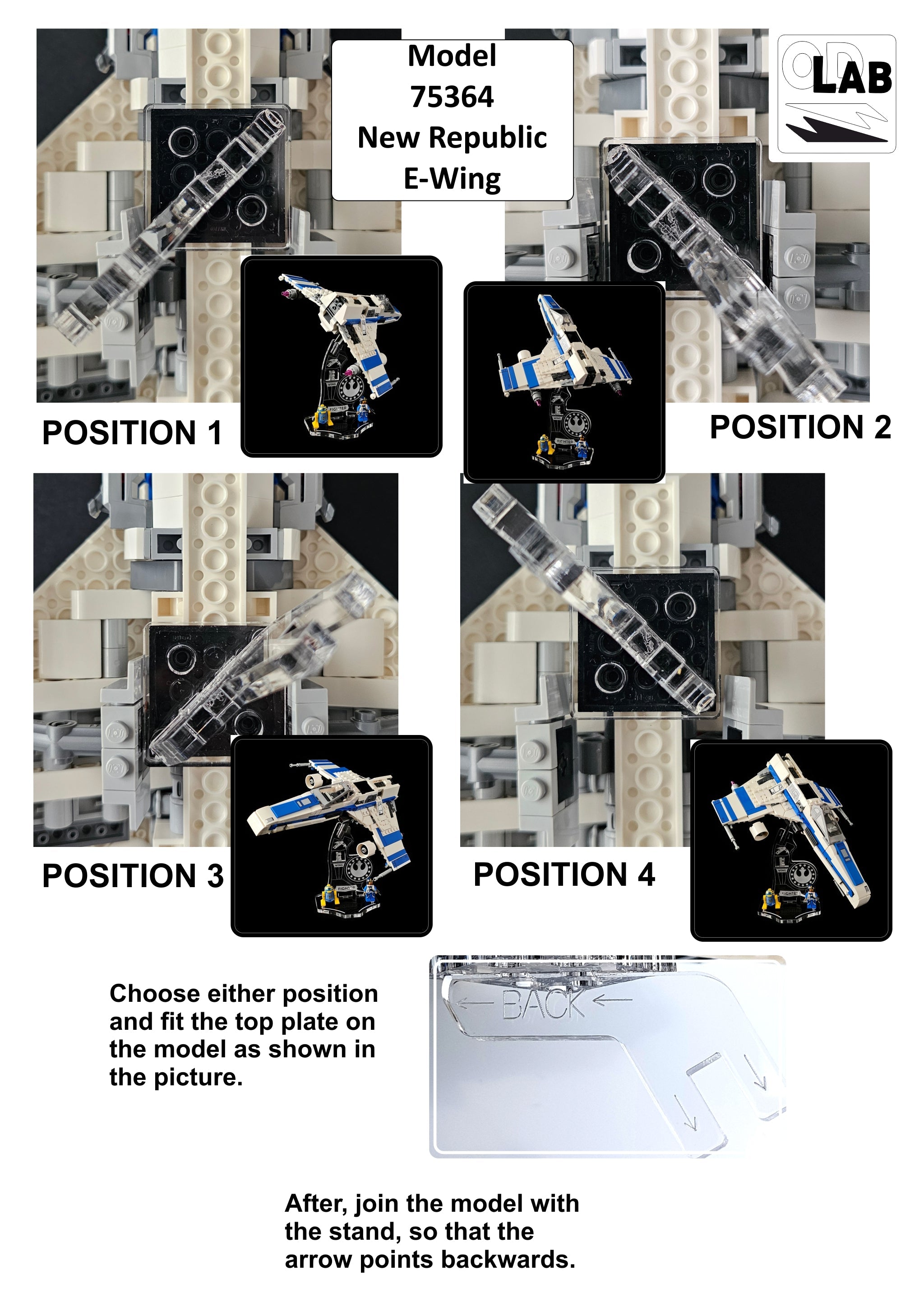 Display stand angled for Lego 75364 New Republic E-Wing Fighter