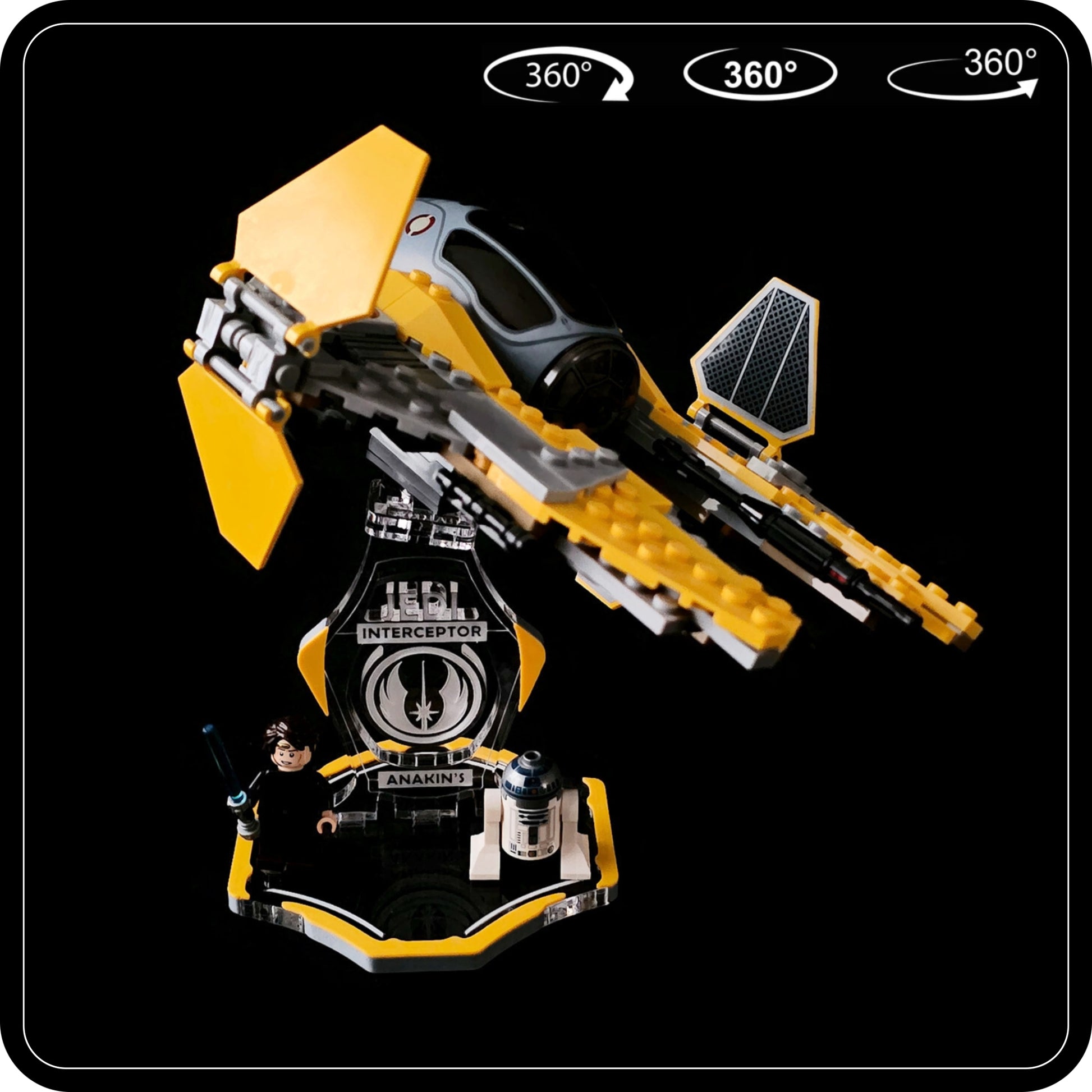 Display stand for Lego 75038-75281-7256 Jedi Interceptor yellow-grey + minifigures slots (A2018) - multiple angles view