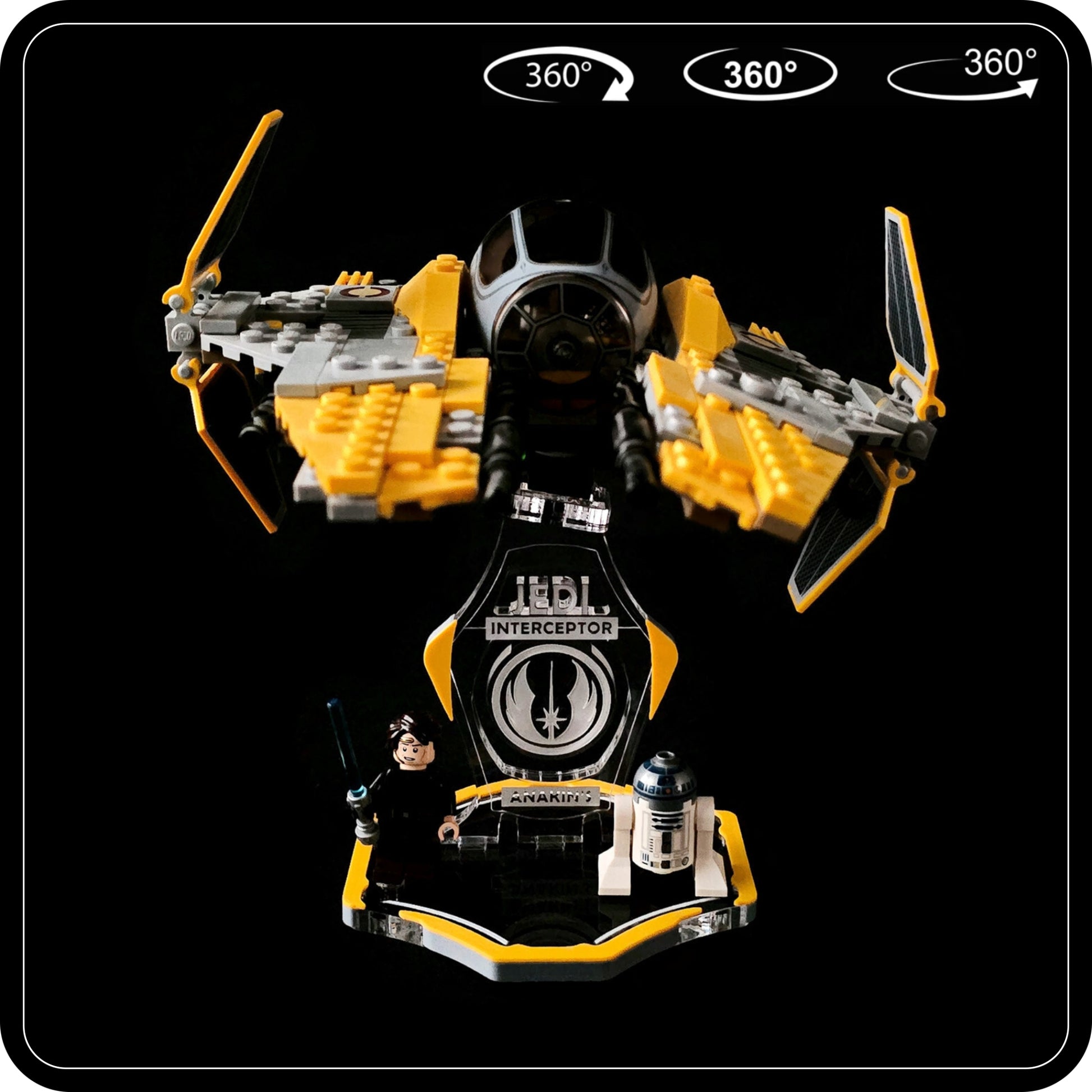 Display stand for Lego 75038-75281-7256 Jedi Interceptor yellow-grey + minifigures slots (A2018) - engraving detail