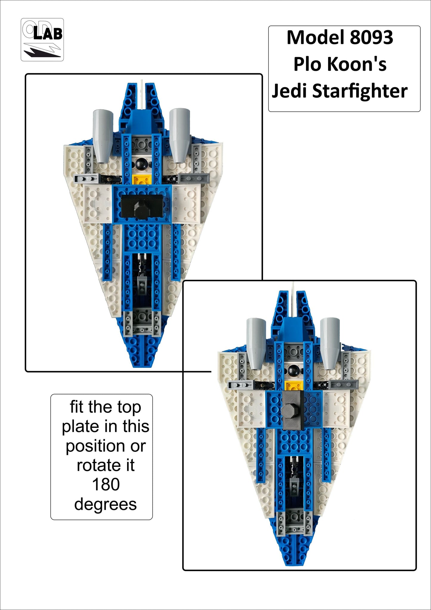 Display stand for Lego 8093 Plo Koon's Jedi Starfighter -blue-white + minifigures slots (A2079)-f