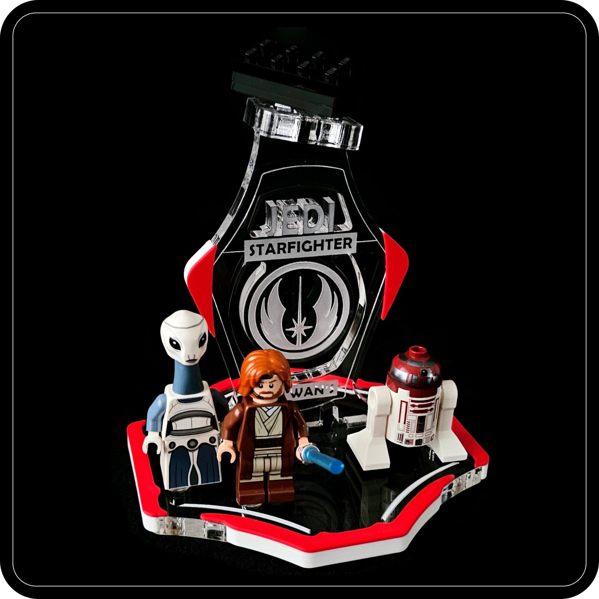 Display stand for Lego 75333 Obi Wan's Starfighter -red-white + minifigures slots (A2096)-6