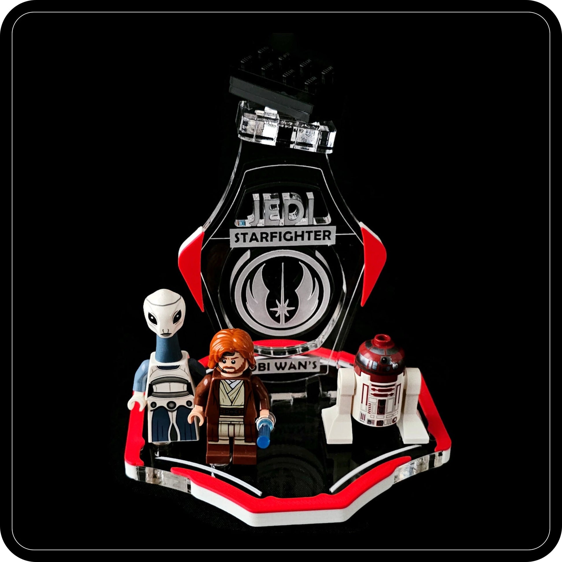 Display stand for Lego 75333 Obi Wan's Starfighter -red-white + minifigures slots (A2096)-7
