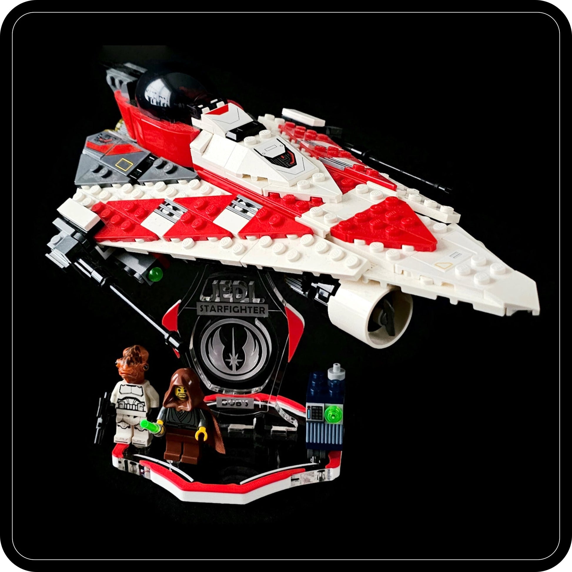 Display stand for Lego 75388 Jedi Bob's Starfighter -red-white + minifigures slots (A2106)-2