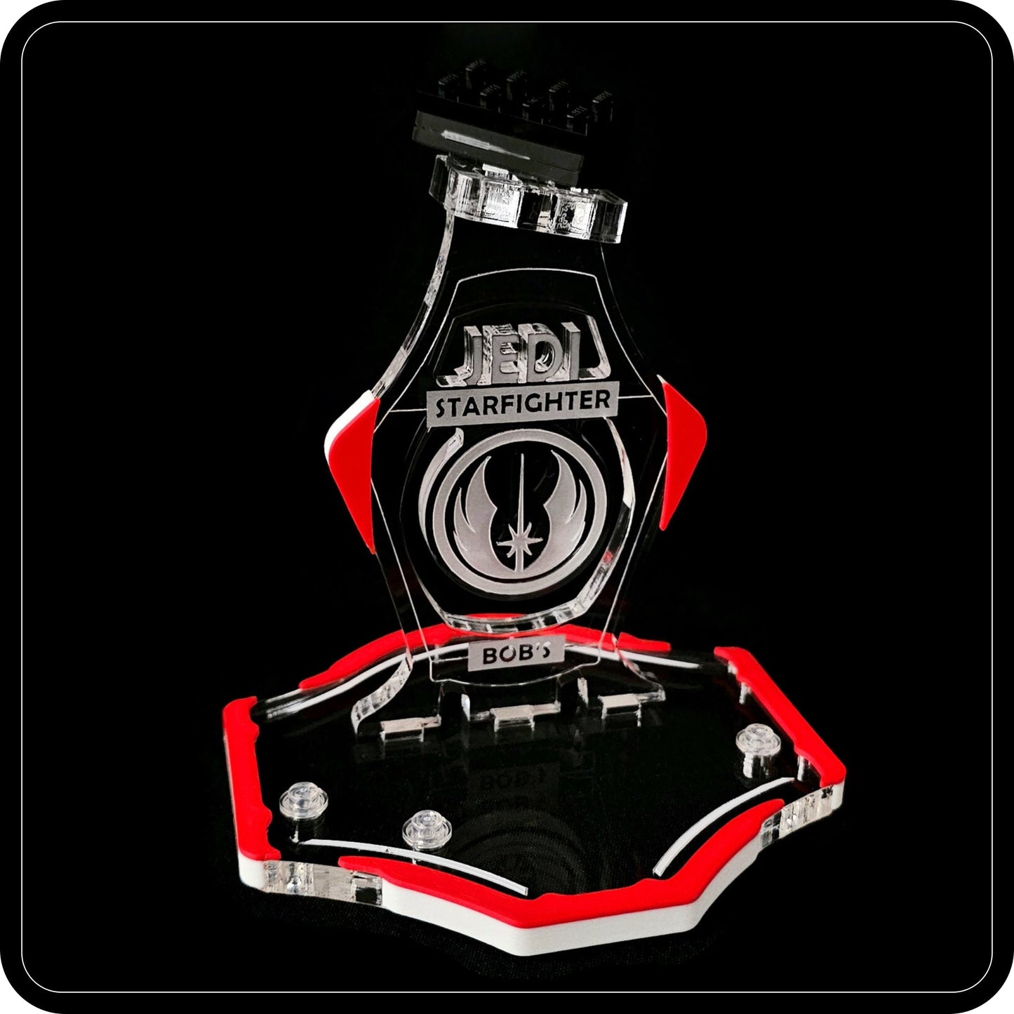 Display stand for Lego 75388 Jedi Bob's Starfighter -red-white + minifigures slots (A2106)-5