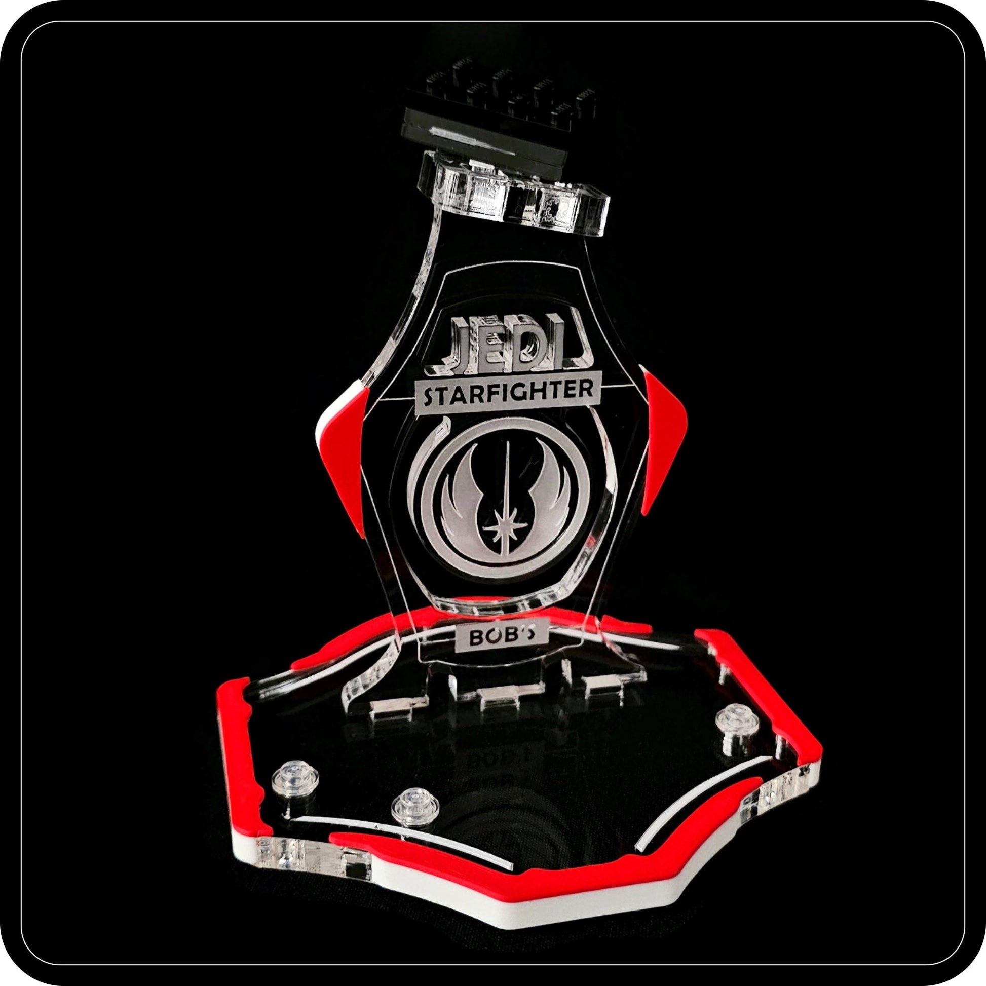 Display stand for Lego 75388 Jedi Bob's Starfighter -red-white + minifigures slots (A2106)-5