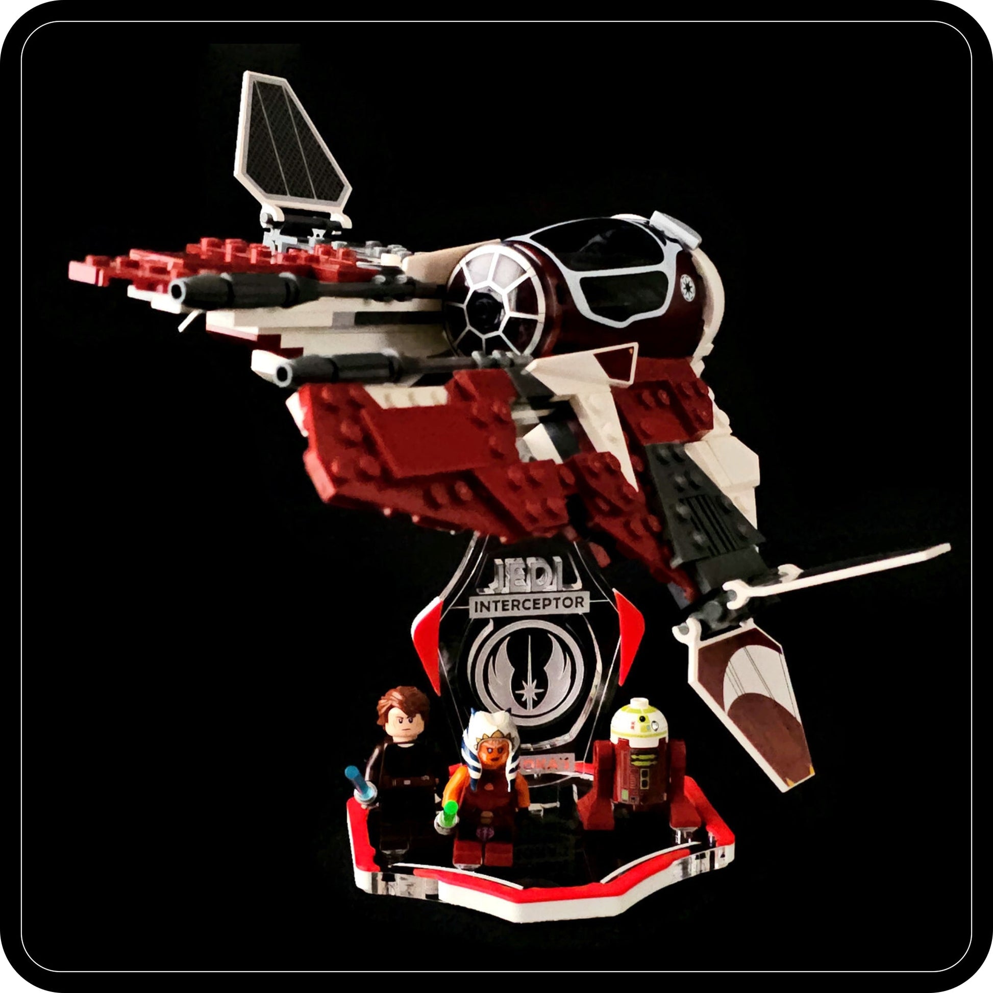 Display stand for Lego 75401 Ahsoka's Jedi Interceptor -red-white + minifigures slots (A2111)-1