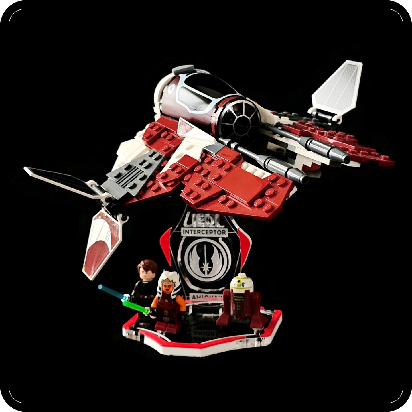Display stand for Lego 75401 Ahsoka's Jedi Interceptor -red-white + minifigures slots (A2111)-2