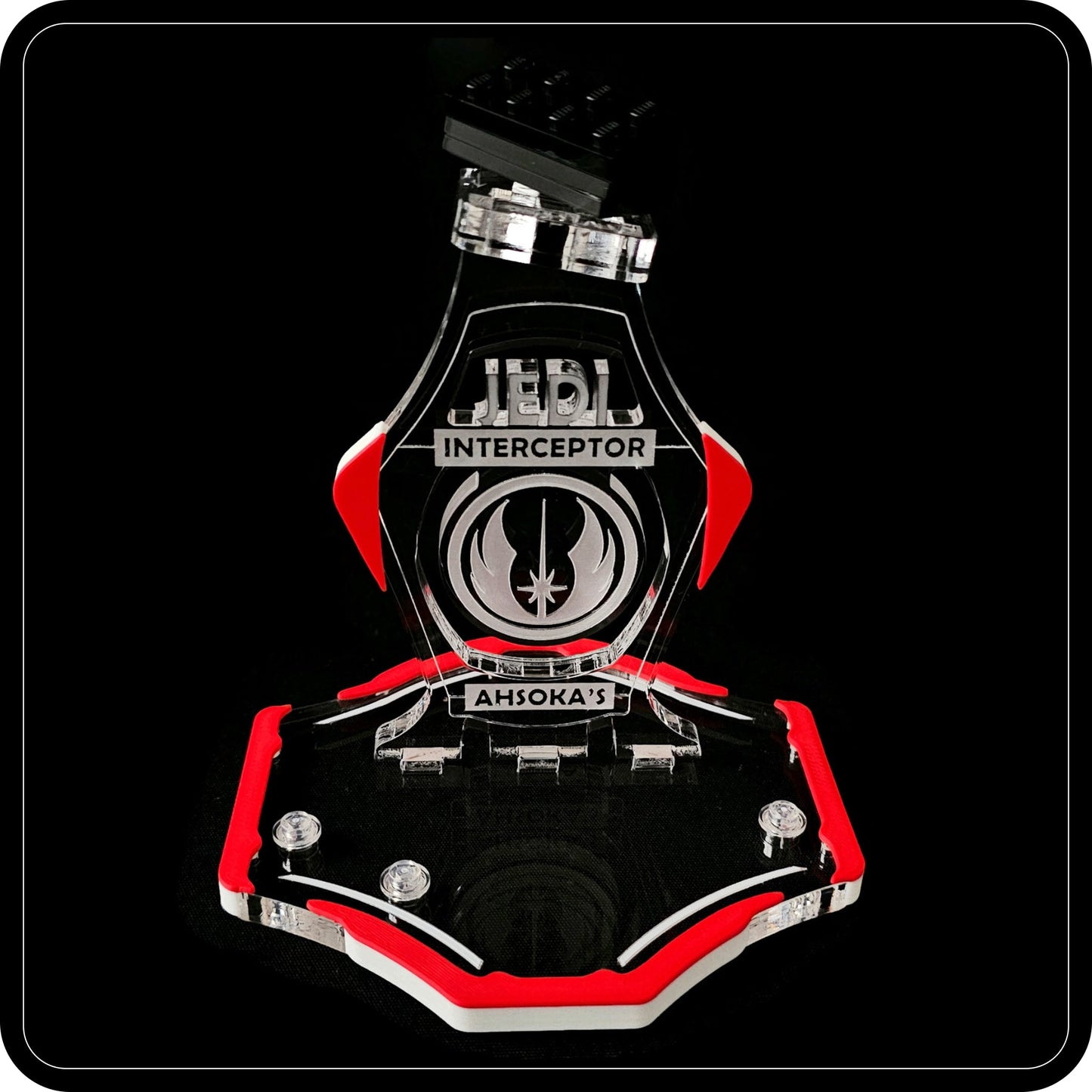 Display stand for Lego 75401 Ahsoka's Jedi Interceptor -red-white + minifigures slots (A2111)-4