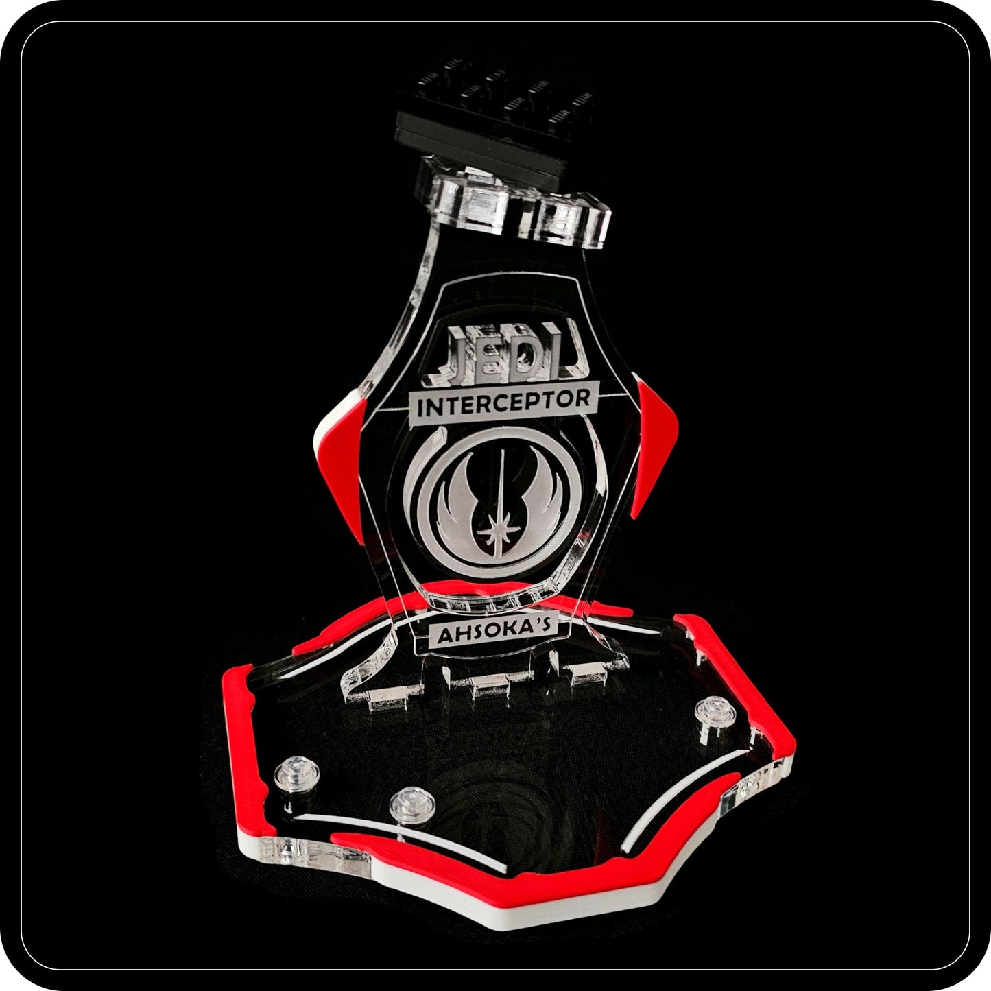 Display stand for Lego 75401 Ahsoka's Jedi Interceptor -red-white + minifigures slots (A2111)-5