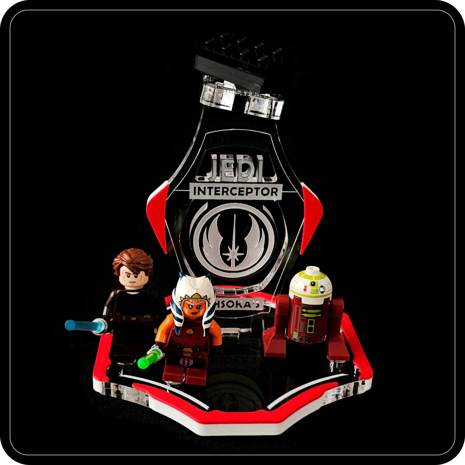 Display stand for Lego 75401 Ahsoka's Jedi Interceptor -red-white + minifigures slots (A2111)-6