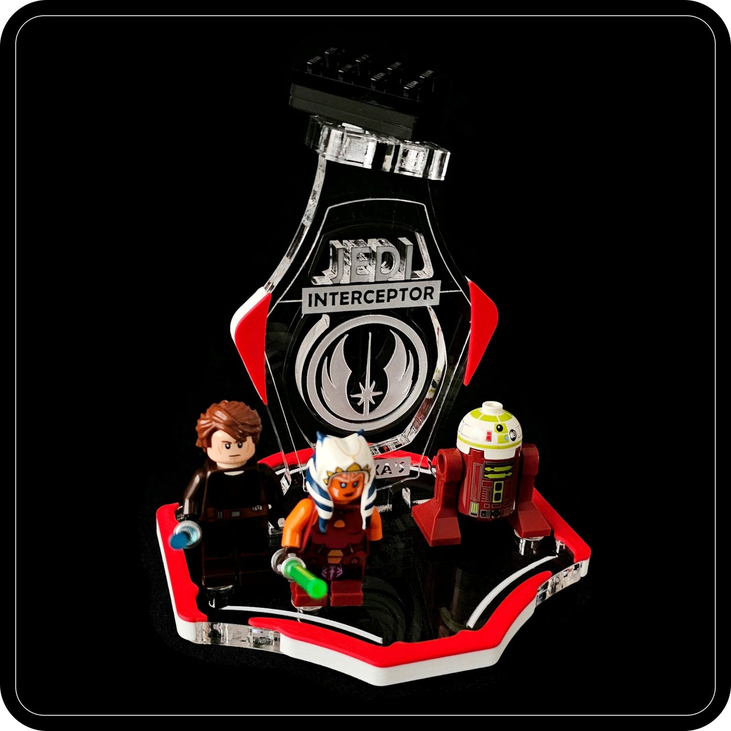 Display stand for Lego 75401 Ahsoka's Jedi Interceptor -red-white + minifigures slots (A2111)-7