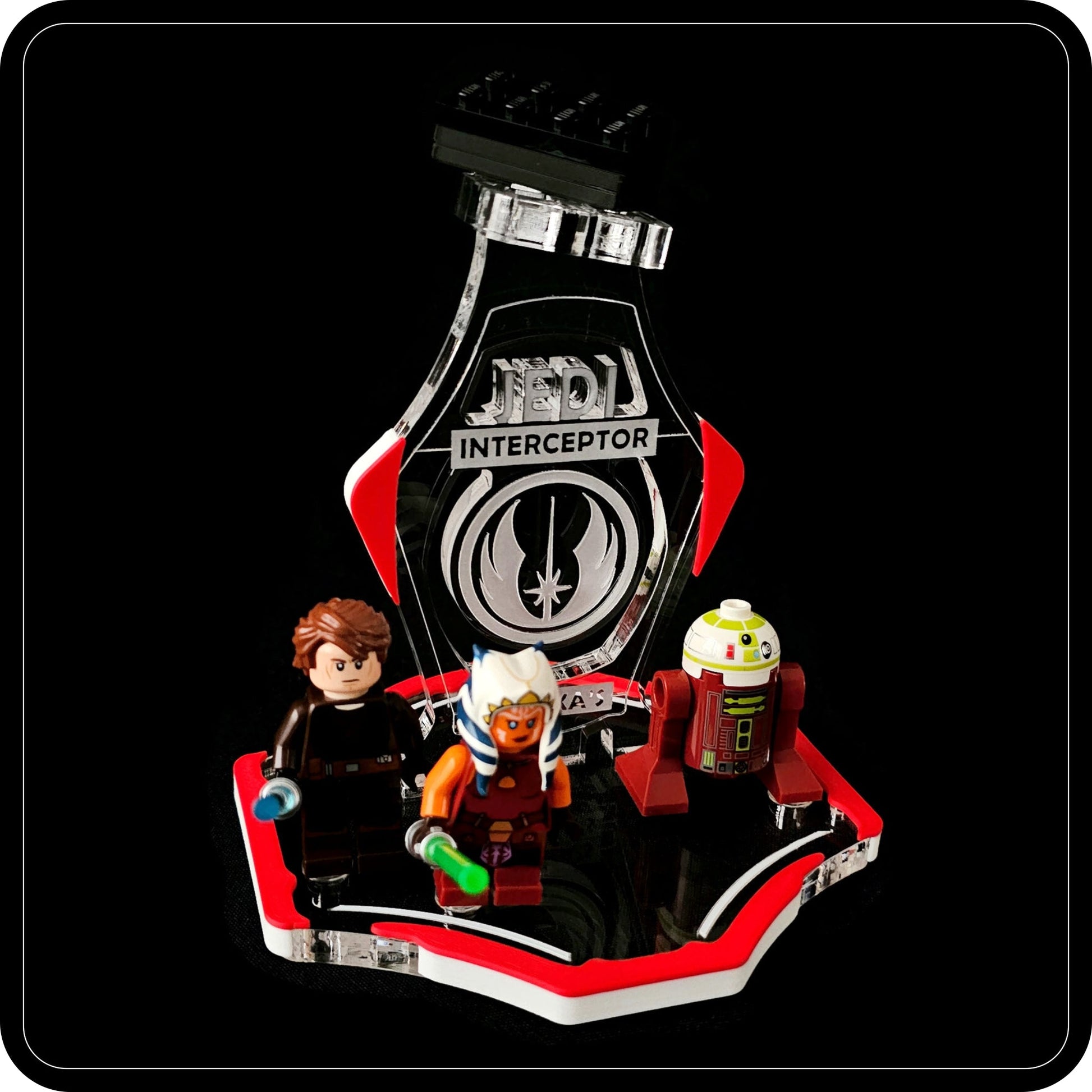 Display stand for Lego 75401 Ahsoka's Jedi Interceptor -red-white + minifigures slots (A2111)-7