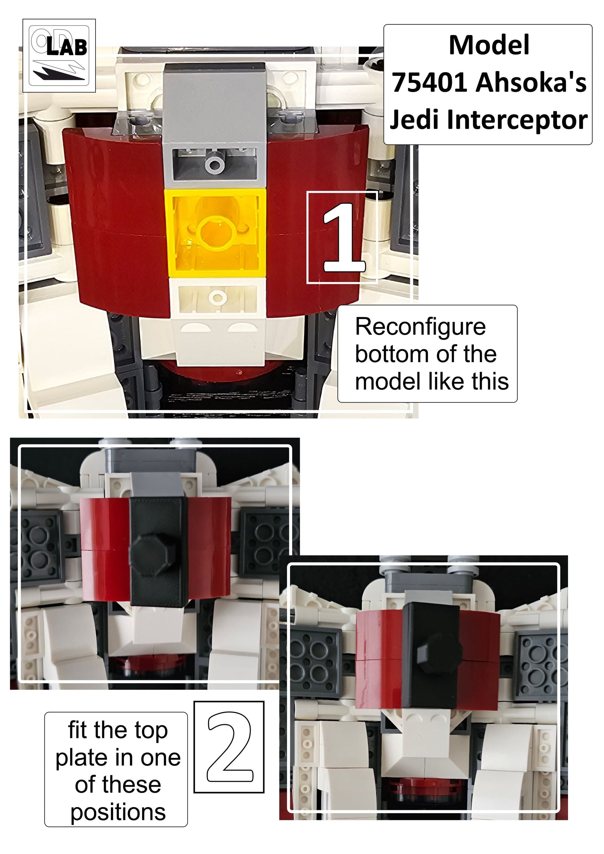 Display stand for Lego 75401 Ahsoka's Jedi Interceptor -red-white + minifigures slots (A2111)-f