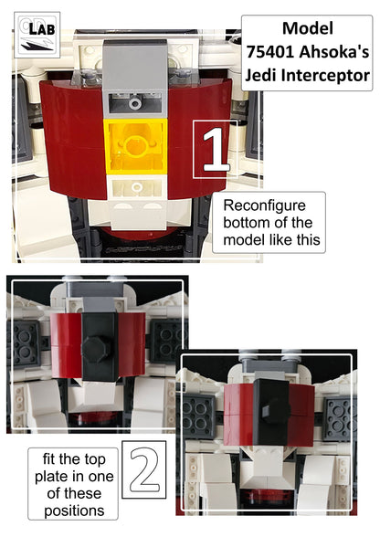Display stand for Lego 75401 Ahsoka's Jedi Interceptor -red-white + minifigures slots (A2111)-f