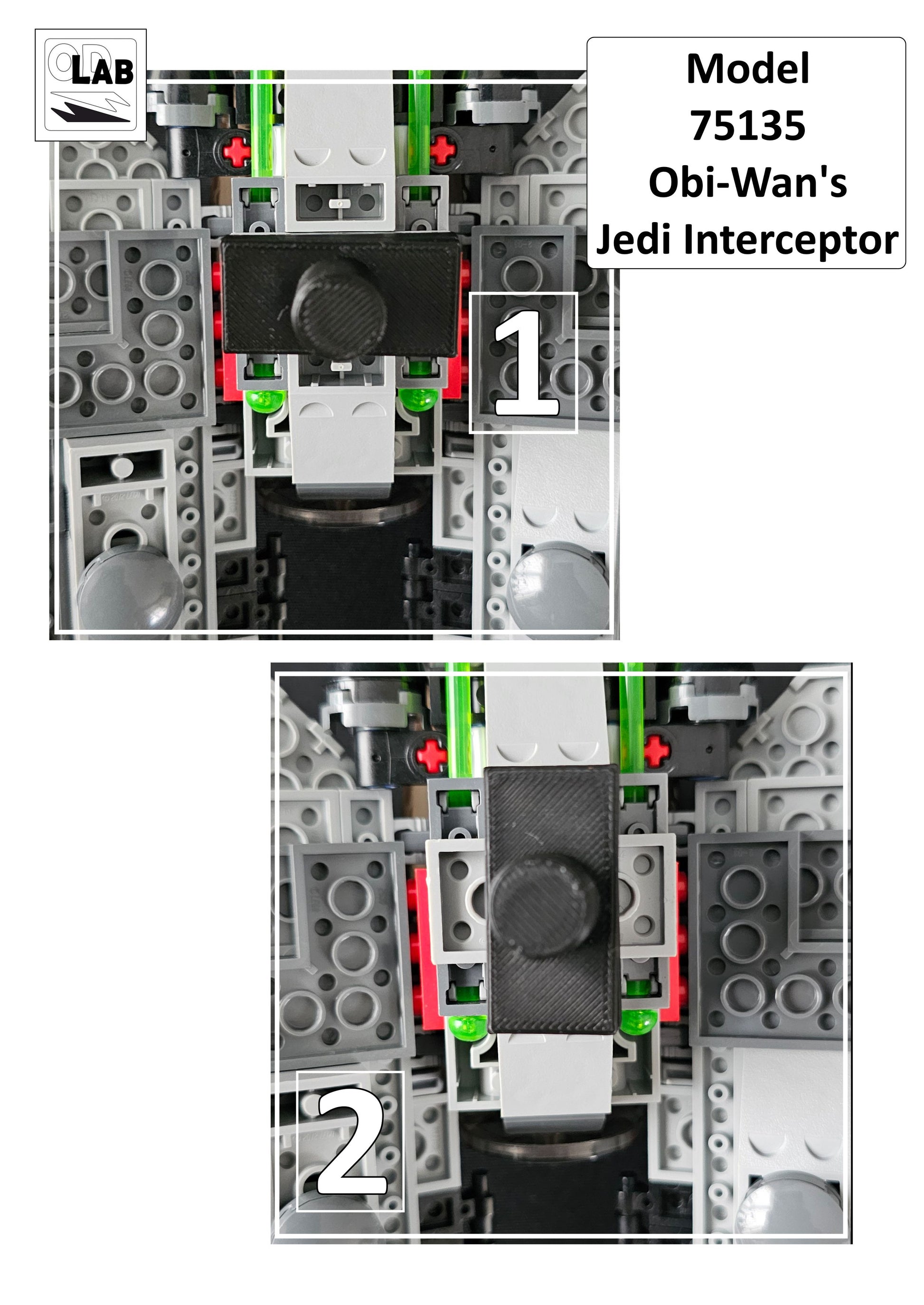 Display stand for Lego 75135 Obi Wan's Interceptor -S red-white + minifigures slots (A3016)-f