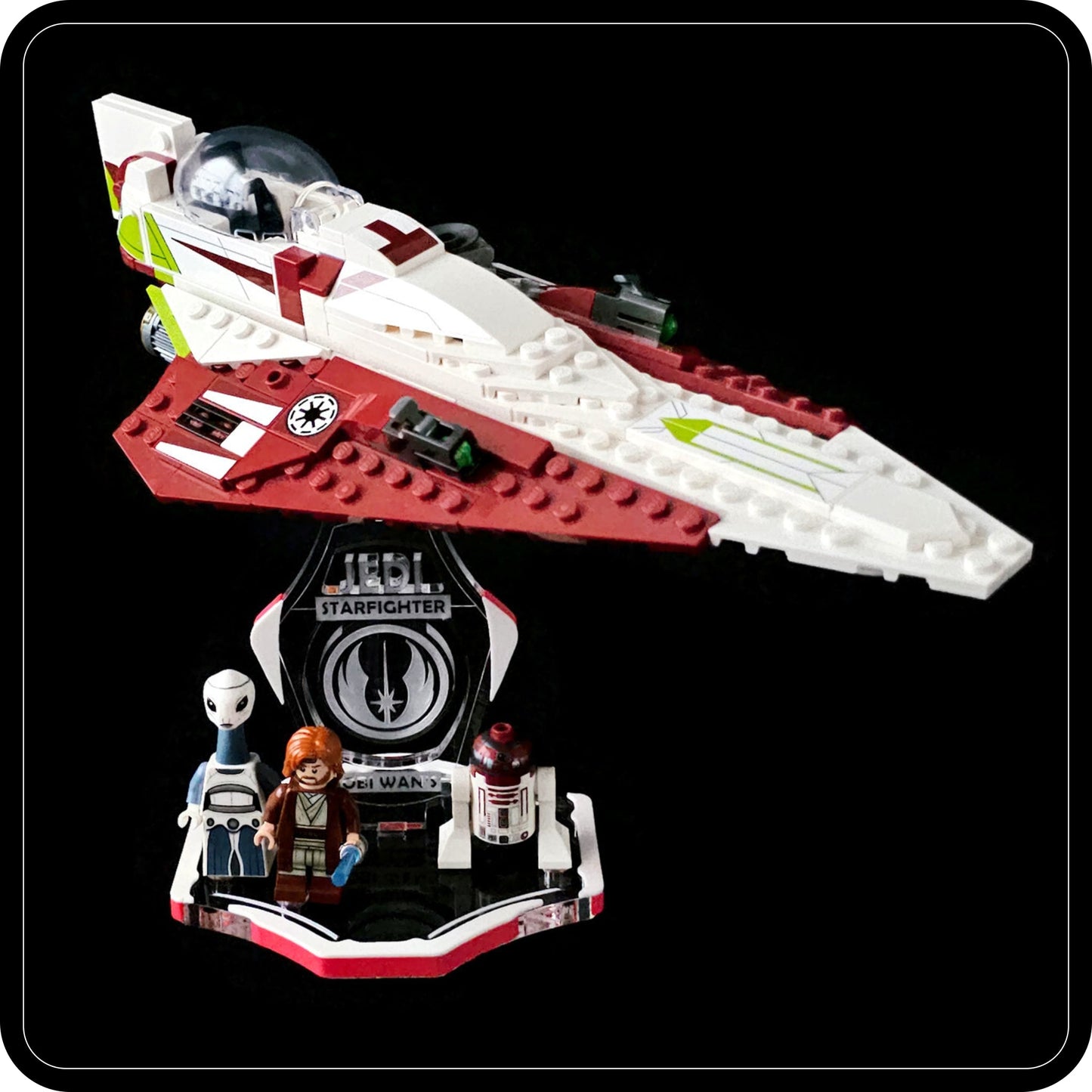 Display stand for Lego 75333 Obi Wan's Starfighter -white-red + minifigures slots (A3096)-2