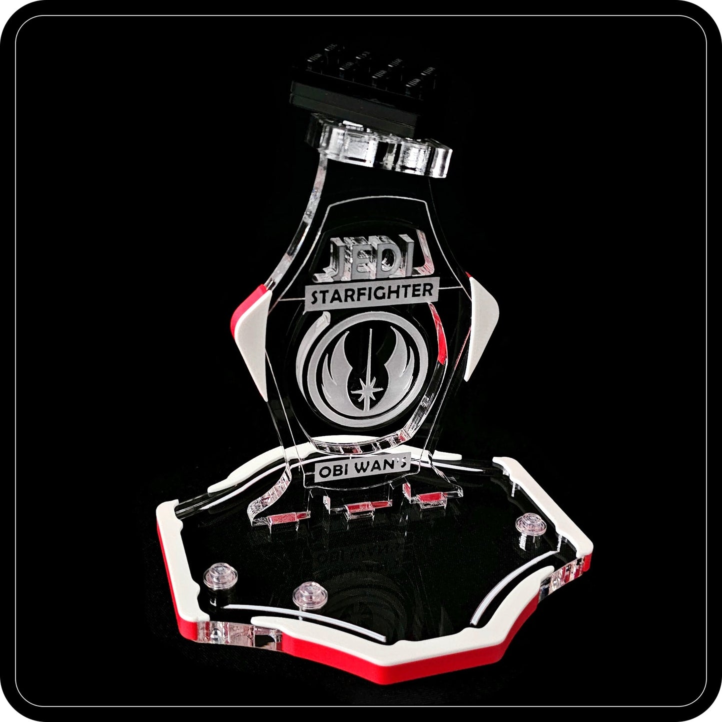 Display stand for Lego 75333 Obi Wan's Starfighter -white-red + minifigures slots (A3096)-5