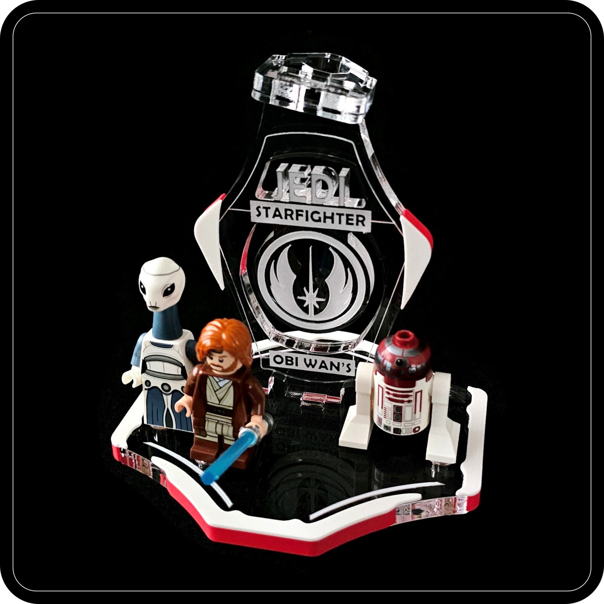 Display stand for Lego 75333 Obi Wan's Starfighter -white-red + minifigures slots (A3096)-6
