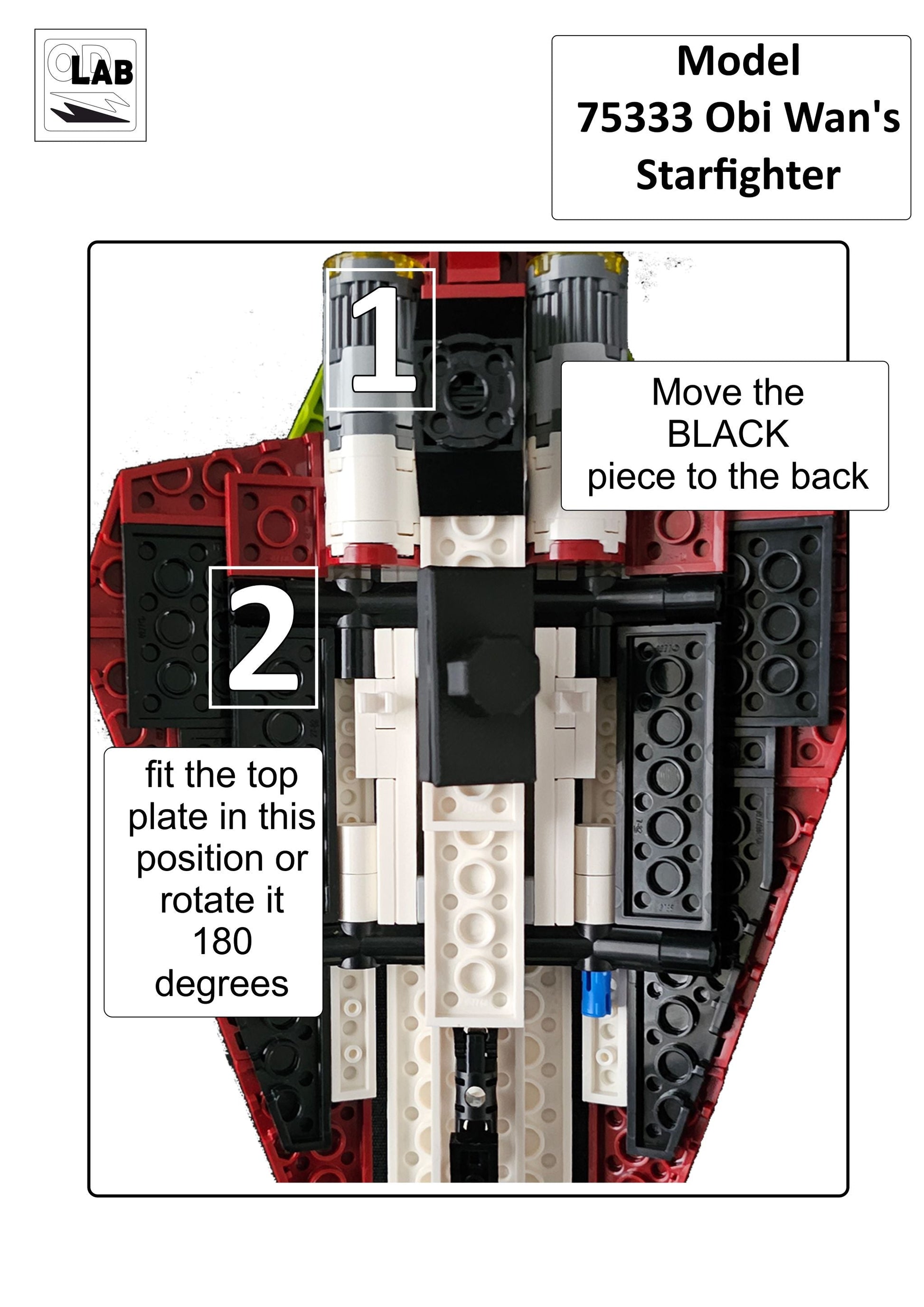 Display stand for Lego 75333 Obi Wan's Starfighter -white-red + minifigures slots (A3096)-f