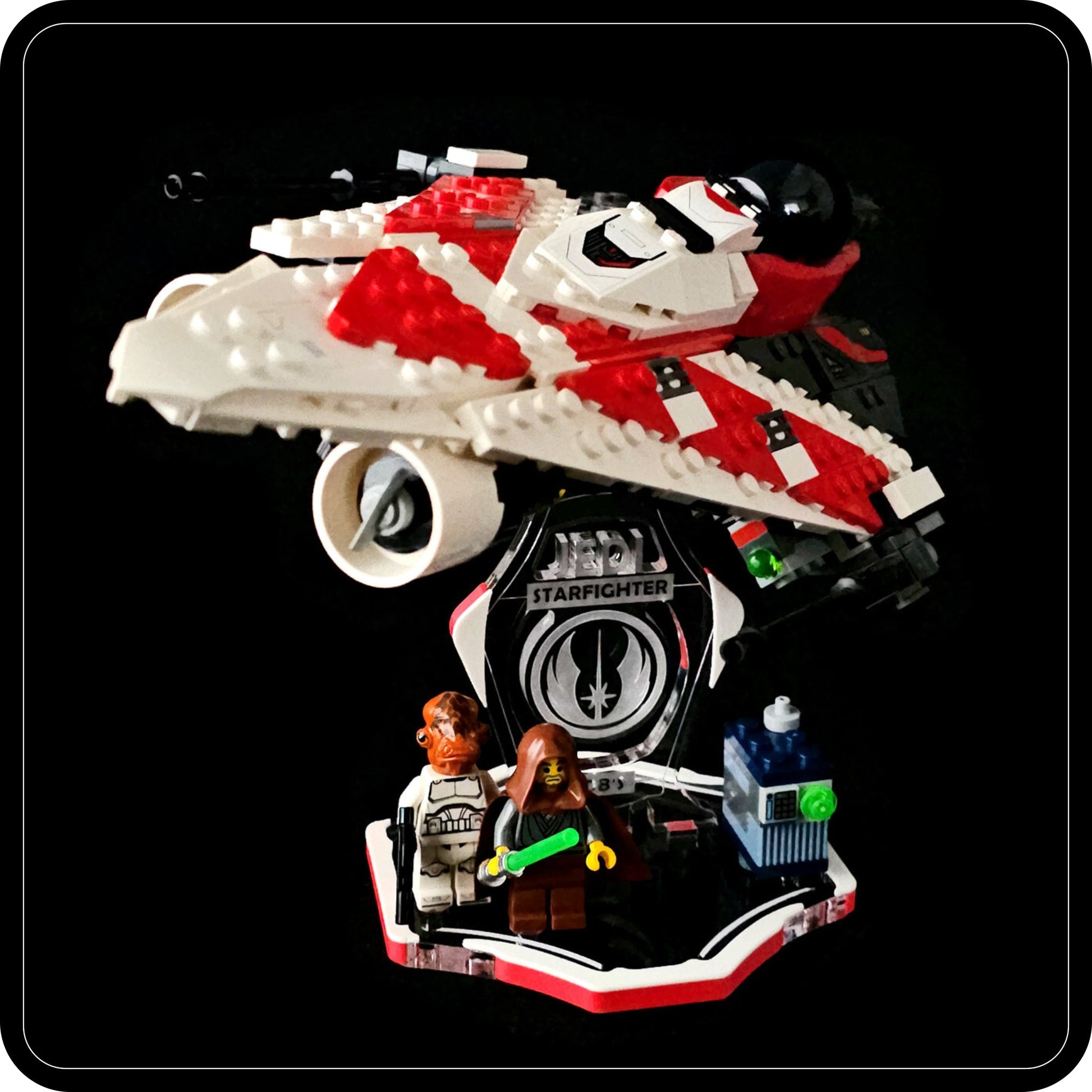 Display stand for Lego 75388 Jedi Bob's Starfighter -white-red + minifigures slots (A3106)-1