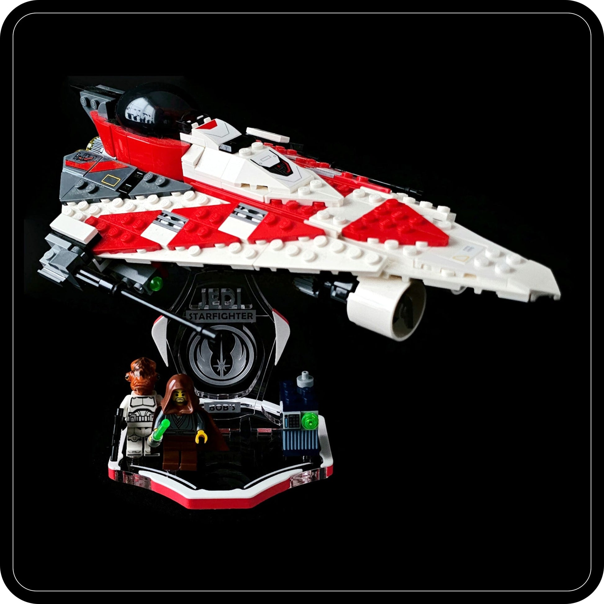 Display stand for Lego 75388 Jedi Bob's Starfighter -white-red + minifigures slots (A3106)-2