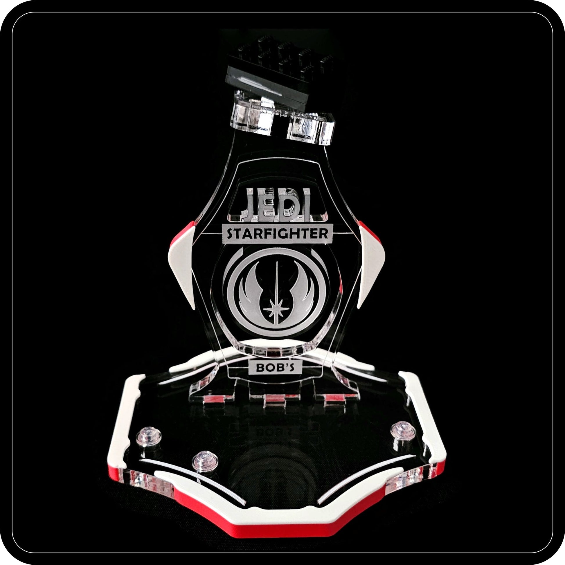 Display stand for Lego 75388 Jedi Bob's Starfighter -white-red + minifigures slots (A3106)-4