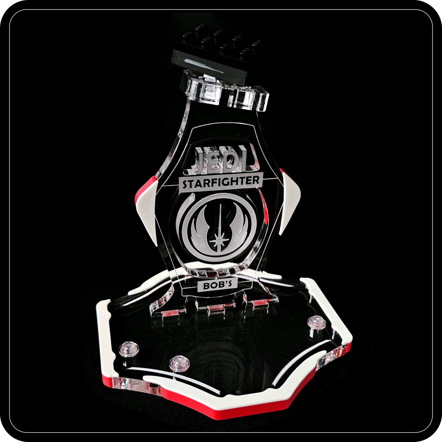 Display stand for Lego 75388 Jedi Bob's Starfighter -white-red + minifigures slots (A3106)-5