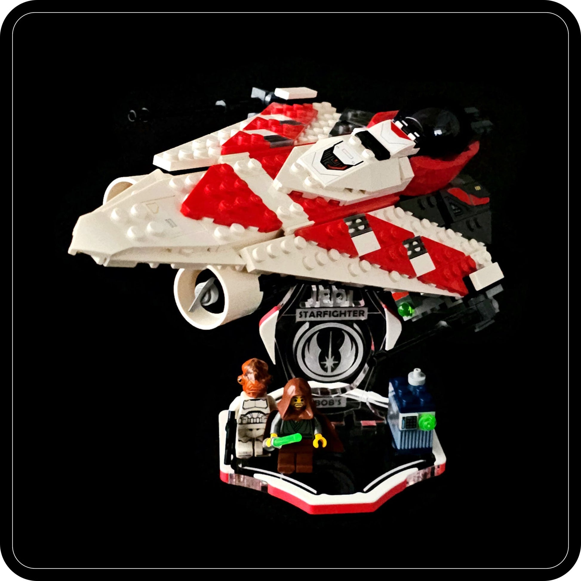 Display stand for Lego 75388 Jedi Bob's Starfighter -white-red + minifigures slots (A3106)-9