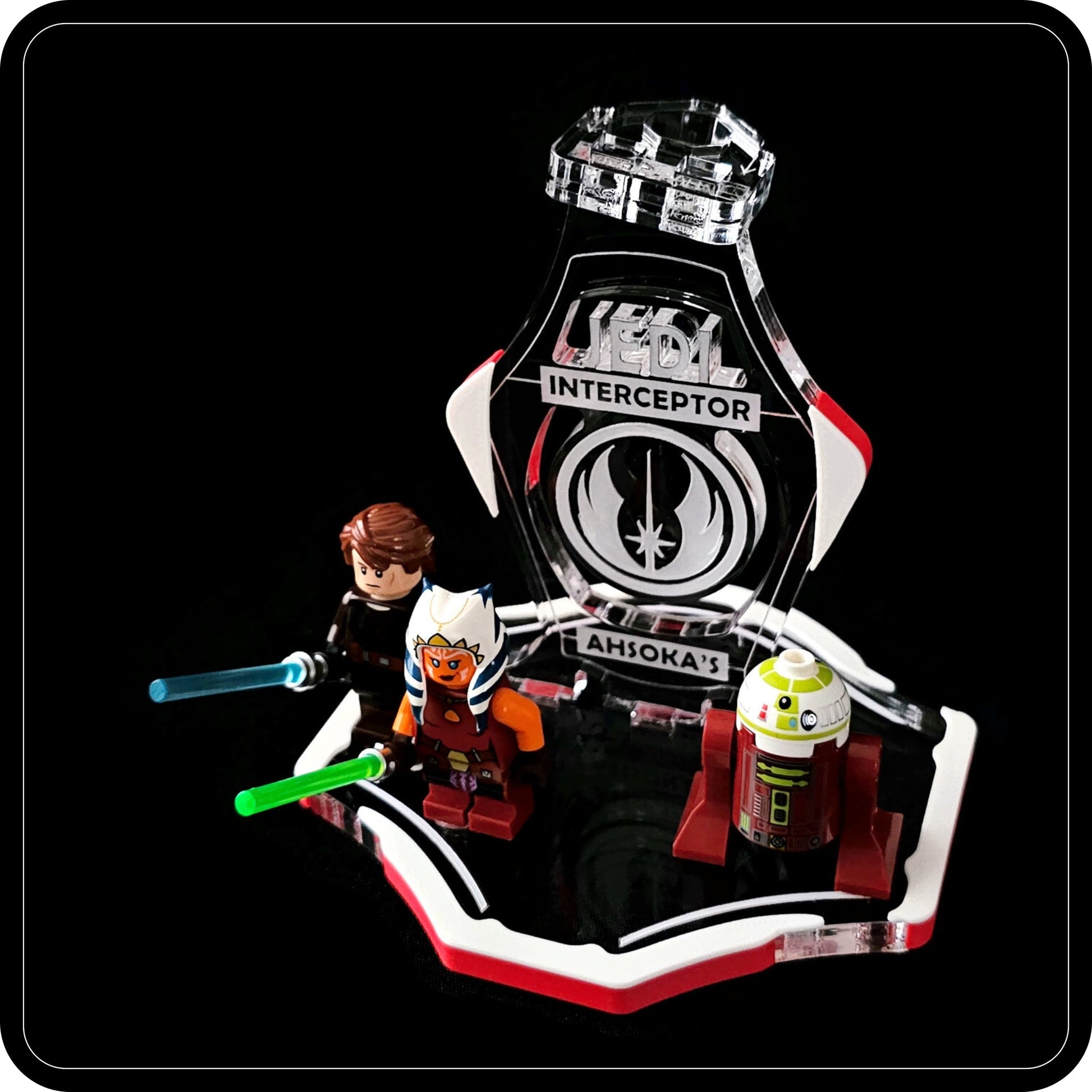 Display stand for Lego 75401 Ahsoka's Jedi Interceptor -white-red + minifigures slots (A3111)-6